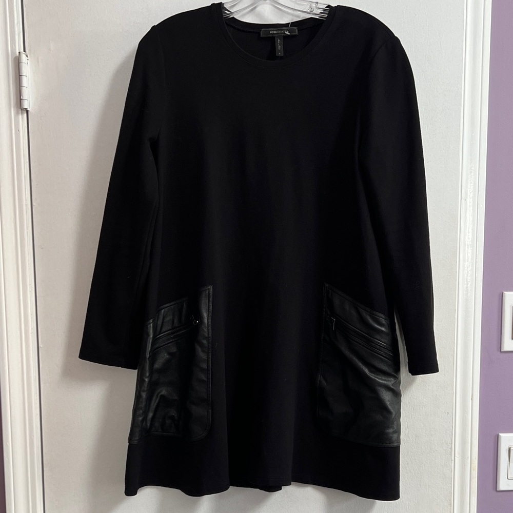 BCBGMaxAzria Black Long-Sleeve Shift Dress with Leather Pockets